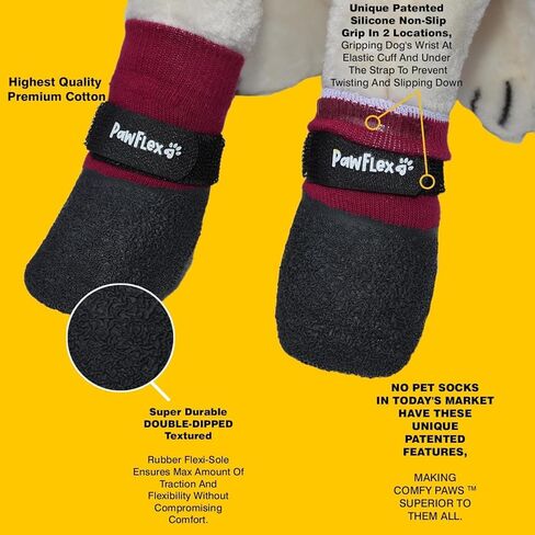 جوارب للكلاب من القطن المقاوم للماء ذات نسيج سميك ومغمس مزدوج | أحذية PawFlex المريحة Pawz الناعمة للحيوانات الأليفة للاستخدام في الأماكن المغلقة/المفتوحة | قبضة سيليكون غير قابلة للانزلاق عند المعصم الداخلي لعدم الالتواء أو الانزلاق| حزام قابل للتعديل in Kuwait