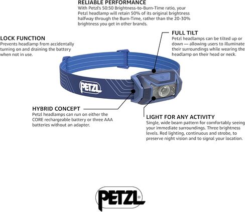 مصباح أمامي PETZL Tikka - ضوء مدمج 350 لومن مع إضاءة حمراء، للمشي لمسافات طويلة والتسلق والجري والتخييم - أزرق in Saudi Arabia