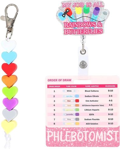 4PCS Phlebotomy Badge Reel Kit,Order of Draw Badge Card with Bling Acrylic Patch,Nurse Accessories for Work,Nurse ID Badge with Alligator Clip for School RN Student(Pink) in Saudi Arabia