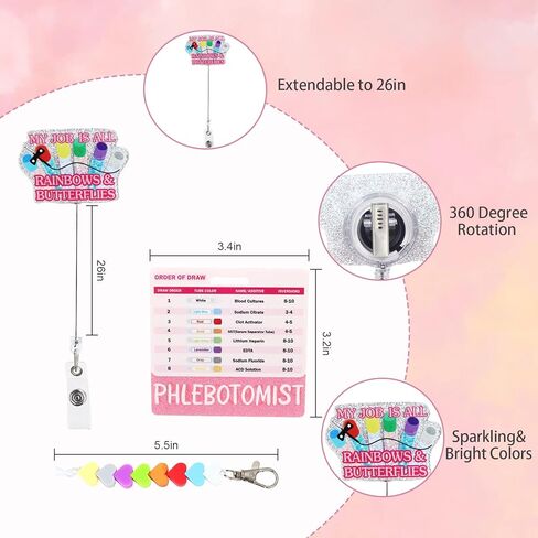 4PCS Phlebotomy Badge Reel Kit,Order of Draw Badge Card with Bling Acrylic Patch,Nurse Accessories for Work,Nurse ID Badge with Alligator Clip for School RN Student(Pink) in Saudi Arabia