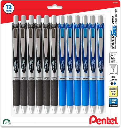 قلم جل سائل قابل للسحب من Pentel Energel 0.3 مم فائق النعومة Rtx - طرف إبرة - 6 عبوات من 3 أحبار سوداء و3 أقلام حبر زرقاء فاخرة in Kuwait