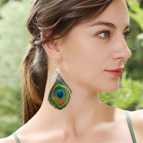Peacock Feather Earrings for Women Girls Native Feather Dangle Earrings Handmade Long Peacock Boho Hook Earring Vintage Peacock Feather Drop Earrings Lightweight Cute Peacock Feather Earrings Prom Party Festival Jewelry Statement Jewelry Gifts in Saudi Arabia