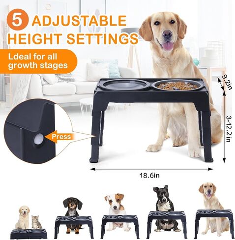 LALOBLUE Elevated Dog Bowls, Raised Slow Feeder Dog Bowls with No Spill Water Bowl, Dog Bowl Stand Adjusts to 5 Heights 2.95", 8.46", 9.65", 10.82", 12.01" for Small Medium Large Dogs and Pets, Black in Kuwait