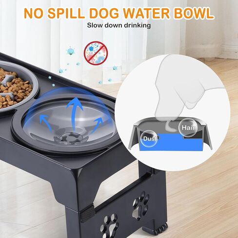 LALOBLUE Elevated Dog Bowls, Raised Slow Feeder Dog Bowls with No Spill Water Bowl, Dog Bowl Stand Adjusts to 5 Heights 2.95", 8.46", 9.65", 10.82", 12.01" for Small Medium Large Dogs and Pets, Black in Kuwait