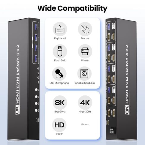 8K60 هرتز 4K120 هرتز HDMI KVM Switch 1 شاشة 2 جهاز كمبيوتر، 2 منفذ KVM Switch للتحكم في 2 جهاز كمبيوتر مع شاشة واحدة، لوحة مفاتيح وماوس، 4 منافذ USB 3.0 للأجهزة الطرفية in Kuwait