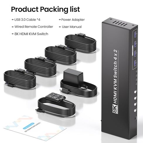 8K60 هرتز 4K120 هرتز HDMI KVM Switch 1 شاشة 2 جهاز كمبيوتر، 2 منفذ KVM Switch للتحكم في 2 جهاز كمبيوتر مع شاشة واحدة، لوحة مفاتيح وماوس، 4 منافذ USB 3.0 للأجهزة الطرفية in Kuwait