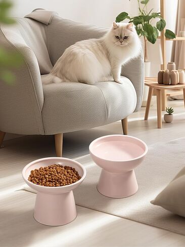 LoeJan Elevated Cat Food and Water Bowls Set, Extra Wide and Raised Ceramic Bowls, Anti-Vomit Whisker-Free Pressure Cat Feeder for Kittens to Adult Cats and Small Dogs (White, Water Bowl) in Saudi Arabia