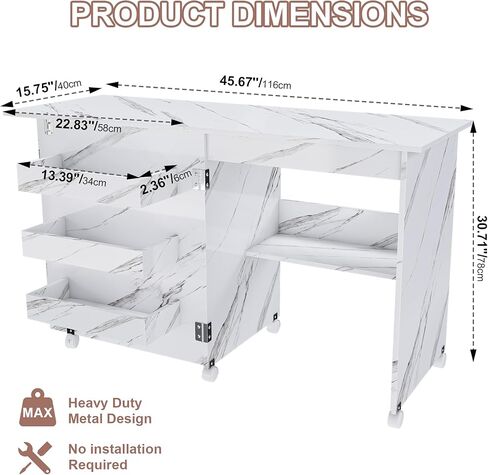 Folding Sewing Table, Multipurpose Craft Station with Lockable Wheels, Modern Workstation Cart Side Desk, Sewing Machine Table with Lockable Casters for Apartments, Small Spaces, White (45.8 inch) in Kuwait