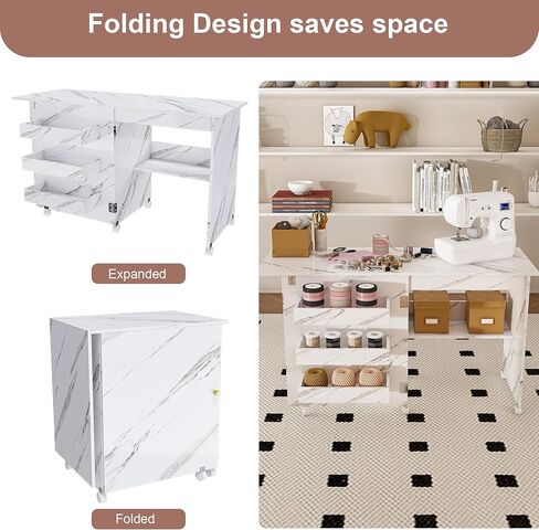 Folding Sewing Table, Multipurpose Craft Station with Lockable Wheels, Modern Workstation Cart Side Desk, Sewing Machine Table with Lockable Casters for Apartments, Small Spaces, White (45.8 inch) in Kuwait