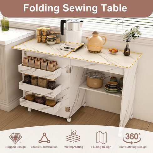 Folding Sewing Table, Multipurpose Craft Station with Lockable Wheels, Modern Workstation Cart Side Desk, Sewing Machine Table with Lockable Casters for Apartments, Small Spaces, White (45.8 inch) in Kuwait