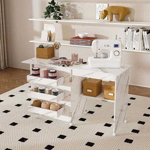 Folding Sewing Table, Multipurpose Craft Station with Lockable Wheels, Modern Workstation Cart Side Desk, Sewing Machine Table with Lockable Casters for Apartments, Small Spaces, White (45.8 inch) in Kuwait