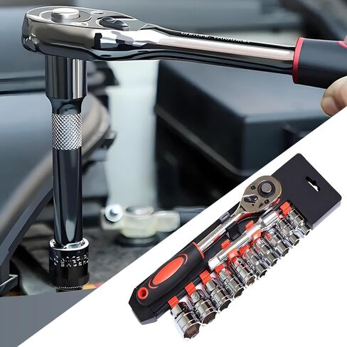 12pcs 1/4 Inch Ratchet Socket Wrench Set, Drive Socket Tool Set with 6″ Connector Extension Bar &10 Sockets (4-13mm) for Auto Repairing and Household in Saudi Arabia