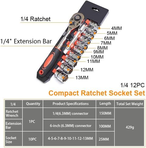 12pcs 1/4 Inch Ratchet Socket Wrench Set, Drive Socket Tool Set with 6″ Connector Extension Bar &10 Sockets (4-13mm) for Auto Repairing and Household in Saudi Arabia
