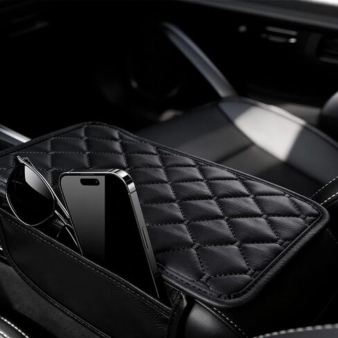 Car Armrest Cover, Anti-Slip Quilted Leather Center Console Protector with Side Storage Pockets (6.3"x11.8") – Universal Car Interior Accessory for Scratch Protection & Console Organizer (Black-Black) in Saudi Arabia