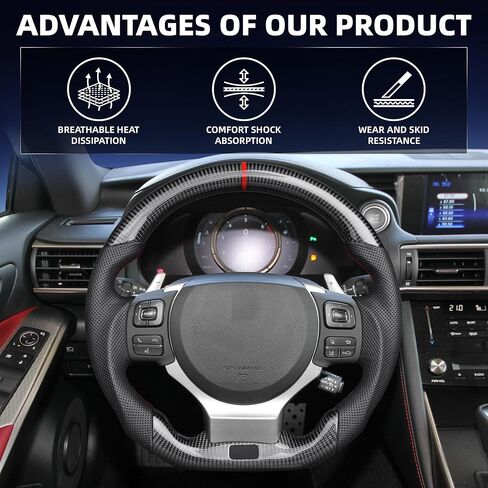عجلة قيادة من ألياف الكربون الحقيقية لسيارة Lexus IS 200/250/300/RC-F 2013–2022 CT 2011-2017 NX 2014-2020 RC 2014-2019 ISF ​​2011-2020 GSF 2015-2020، مع مقبض جلدي مثقوب (خط تحديد المواقع الأحمر) in Kuwait