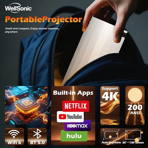 【التركيز التلقائي و1080 بكسل】جهاز عرض WellSonic صغير مع واي فاي وبلوتوث، جهاز عرض Moive محمول 260 Ansi للاستخدام في الهواء الطلق والسقف، حجر مفاتيح تلقائي، تحكم صوتي، مكبر صوت 5 وات، دعم 4K للمسرح المنزلي in Kuwait