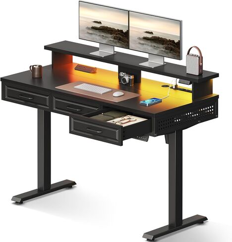 OffiGo Electric Standing Desk with 3 Wooden Drawers, 48 Inch Height Adjustable Desk with Power Outlets & LED Lights, Black Sit Stand Table with Monitor Stand for Home, Office, Workstation in Kuwait