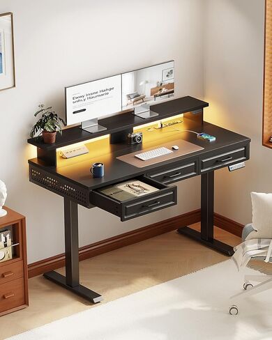 OffiGo Electric Standing Desk with 3 Wooden Drawers, 48 Inch Height Adjustable Desk with Power Outlets & LED Lights, Black Sit Stand Table with Monitor Stand for Home, Office, Workstation in Kuwait