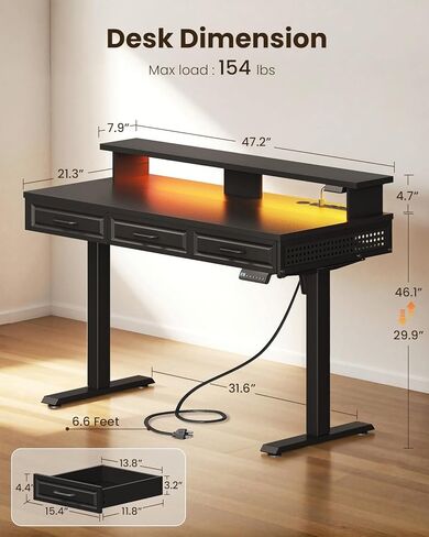 OffiGo Electric Standing Desk with 3 Wooden Drawers, 48 Inch Height Adjustable Desk with Power Outlets & LED Lights, Black Sit Stand Table with Monitor Stand for Home, Office, Workstation in Kuwait