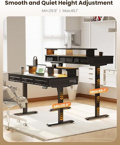 OffiGo Electric Standing Desk with 3 Wooden Drawers, 48 Inch Height Adjustable Desk with Power Outlets & LED Lights, Black Sit Stand Table with Monitor Stand for Home, Office, Workstation in Kuwait