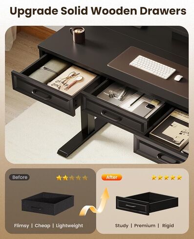 OffiGo Electric Standing Desk with 3 Wooden Drawers, 48 Inch Height Adjustable Desk with Power Outlets & LED Lights, Black Sit Stand Table with Monitor Stand for Home, Office, Workstation in Kuwait