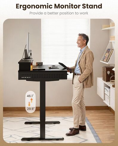 OffiGo Electric Standing Desk with 3 Wooden Drawers, 48 Inch Height Adjustable Desk with Power Outlets & LED Lights, Black Sit Stand Table with Monitor Stand for Home, Office, Workstation in Kuwait