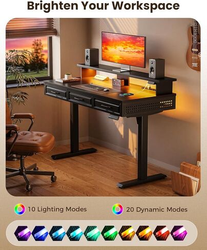 OffiGo Electric Standing Desk with 3 Wooden Drawers, 48 Inch Height Adjustable Desk with Power Outlets & LED Lights, Black Sit Stand Table with Monitor Stand for Home, Office, Workstation in Kuwait