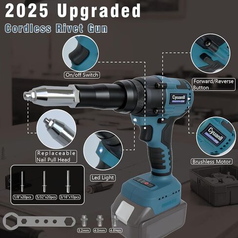 مسدس برشام لاسلكي مطور متوافق مع بطارية ميلووكي 18 فولت، أداة مسدس برشام كهربائية مع 3 مقاسات (1/8 بوصة، 5/32 بوصة، 3/16 بوصة) مسامير ألومنيوم، مجموعة مسدس برشام محرك بدون فرش مع ضوء LED (بدون بطارية) - أحمر in Kuwait