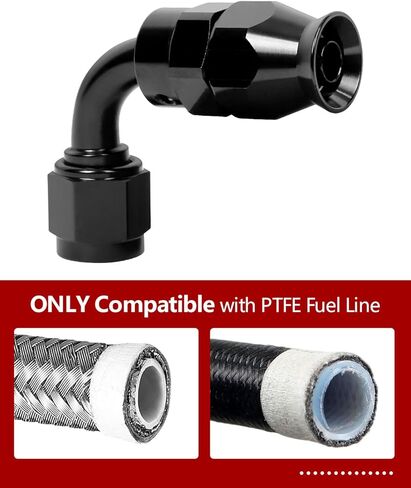 6AN PTFE خرطوم نهاية مناسب 90 درجة الكوع - دوار من الألومنيوم الأسود، نصف قطر محكم التدفق الكامل لخرطوم PTFE فقط in Saudi Arabia