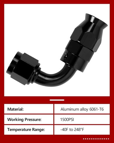 6AN PTFE خرطوم نهاية مناسب 90 درجة الكوع - دوار من الألومنيوم الأسود، نصف قطر محكم التدفق الكامل لخرطوم PTFE فقط in Saudi Arabia