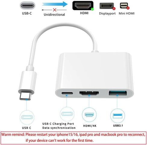 محول USB C إلى HDMI لجهاز iPhone 17، محول USB-C رقمي AV متعدد المنافذ، PD 100W، 4K 60 هرتز وUSB3.1، نوع C إلى HDMI متوافق مع iPhone 17، MacBook Pro، Ipad Pro in Saudi Arabia