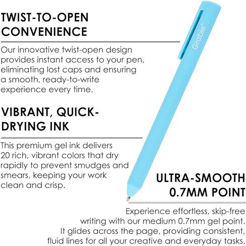Grabie Retractable Colorful Gel Pens, Perfect for Vibrant Colored Writing and Sketching, Quick Dry Colored Gel Pens, 0.7 mm, Smooth Writing for Journaling and Note Taking, Pack of 20 in Saudi Arabia