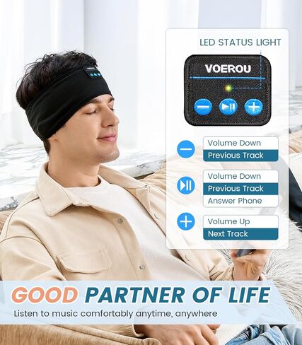 Voerou Sleep Headphones Bluetooth Headband for Women Men, Wireless Sleeping Headphones for Side Sleepers with Ultra-thin Stereo Speakers, Unique Gift for Men Sleeping Yoga Meditation Travel Office Nap in Kuwait
