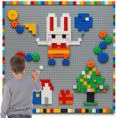 MIMAX Customize Building Block Wall, 470+ PCS Activity Wall Mount Toys Bricks with Self Adhesive Baseplate 8PCS (20"x10") for All Major Brands, Art Build On Table Wall, Gray in Saudi Arabia
