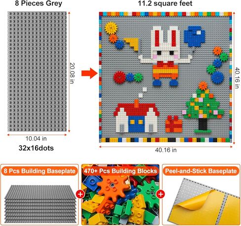 MIMAX Customize Building Block Wall, 470+ PCS Activity Wall Mount Toys Bricks with Self Adhesive Baseplate 8PCS (20"x10") for All Major Brands, Art Build On Table Wall, Gray in Saudi Arabia
