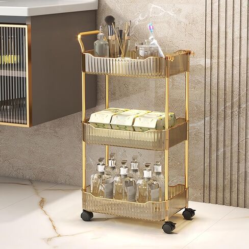 Acrylic Storage Trolley, Bathroom Kitchen Rolling Utility Cart Mobile Organization Shelves with Handle and Lockable Wheel(Gold,3 Tier) in Saudi Arabia