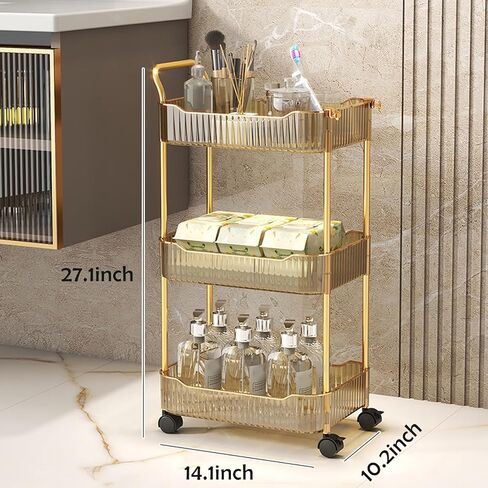 Acrylic Storage Trolley, Bathroom Kitchen Rolling Utility Cart Mobile Organization Shelves with Handle and Lockable Wheel(Gold,3 Tier) in Saudi Arabia