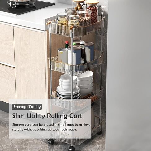 Acrylic Storage Trolley, Bathroom Kitchen Rolling Utility Cart Mobile Organization Shelves with Handle and Lockable Wheel(Gold,3 Tier) in Saudi Arabia