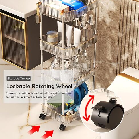 Acrylic Storage Trolley, Bathroom Kitchen Rolling Utility Cart Mobile Organization Shelves with Handle and Lockable Wheel(Gold,3 Tier) in Saudi Arabia