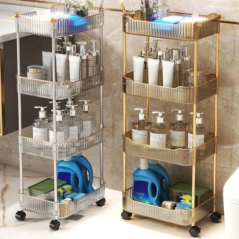 Acrylic Storage Trolley, Bathroom Kitchen Rolling Utility Cart Mobile Organization Shelves with Handle and Lockable Wheel(Gold,3 Tier) in Saudi Arabia