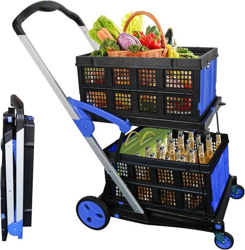 Collapsible Shopping Cart with 2 Storage Crates 2-Tier Portable Utility Cart with Swivel Wheels 200lb Capacity Heavy Duty Folding Shopping Trolley for Office Warehouse Catering (Blue) in Kuwait