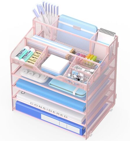 6 Tier Mesh Desk Organizer,Multi Functional Letter Paper Tray with 3 Pen Holders and 5 Adjustable Storage Compartments for Office Supplies Files and Mail Space Saving Desktop Organizer-Black in Saudi Arabia