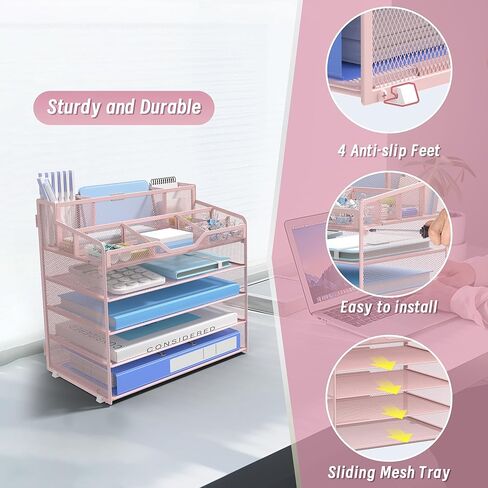 6 Tier Mesh Desk Organizer,Multi Functional Letter Paper Tray with 3 Pen Holders and 5 Adjustable Storage Compartments for Office Supplies Files and Mail Space Saving Desktop Organizer-Black in Saudi Arabia