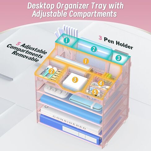 6 Tier Mesh Desk Organizer,Multi Functional Letter Paper Tray with 3 Pen Holders and 5 Adjustable Storage Compartments for Office Supplies Files and Mail Space Saving Desktop Organizer-Black in Saudi Arabia