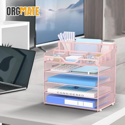 6 Tier Mesh Desk Organizer,Multi Functional Letter Paper Tray with 3 Pen Holders and 5 Adjustable Storage Compartments for Office Supplies Files and Mail Space Saving Desktop Organizer-Black in Saudi Arabia