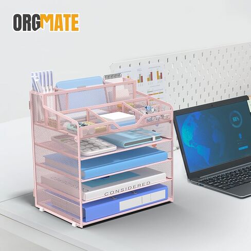6 Tier Mesh Desk Organizer,Multi Functional Letter Paper Tray with 3 Pen Holders and 5 Adjustable Storage Compartments for Office Supplies Files and Mail Space Saving Desktop Organizer-Black in Saudi Arabia