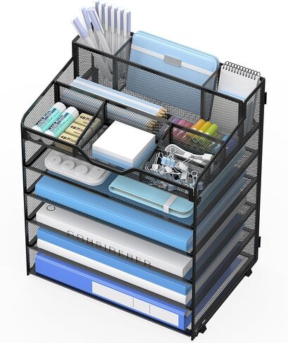6 Tier Mesh Desk Organizer,Multi Functional Letter Paper Tray with 3 Pen Holders and 5 Adjustable Storage Compartments for Office Supplies Files and Mail Space Saving Desktop Organizer-Black in Saudi Arabia