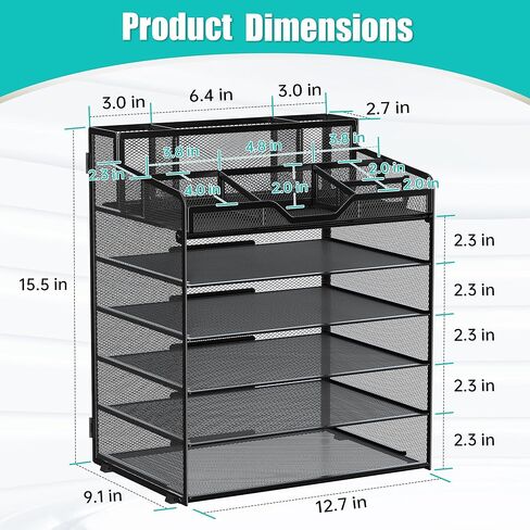 6 Tier Mesh Desk Organizer,Multi Functional Letter Paper Tray with 3 Pen Holders and 5 Adjustable Storage Compartments for Office Supplies Files and Mail Space Saving Desktop Organizer-Black in Saudi Arabia