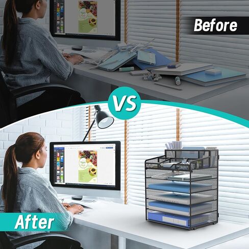 6 Tier Mesh Desk Organizer,Multi Functional Letter Paper Tray with 3 Pen Holders and 5 Adjustable Storage Compartments for Office Supplies Files and Mail Space Saving Desktop Organizer-Black in Saudi Arabia
