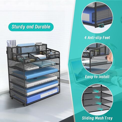 6 Tier Mesh Desk Organizer,Multi Functional Letter Paper Tray with 3 Pen Holders and 5 Adjustable Storage Compartments for Office Supplies Files and Mail Space Saving Desktop Organizer-Black in Saudi Arabia